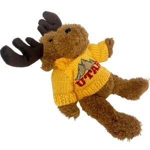 Brown Moose Wearing A Yellow Knitted Utah Sweater Plush Stuffed Animal Gift Toy